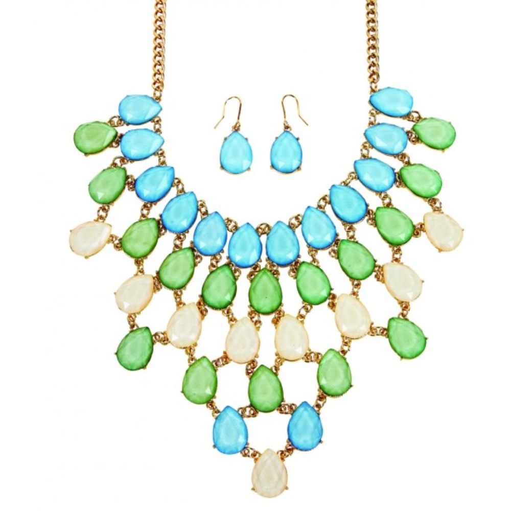 Blue, Green and Ivory Statement Necklace Set